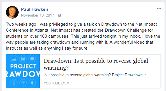 Paul Hawken Facebook post on Project Drawdown